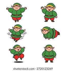 Una colección de seis ilustraciones de elfos de dibujos animados, cada uno representando una acción o pose diferente, adecuada para temas de vacaciones o fantasía.