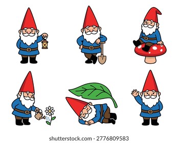 A collection of six cartoon garden gnomes in various poses and activities.
