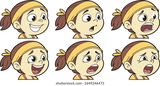 Uma coleção de seis desenhos animados de uma criança, mostrando uma gama de emoções de alegria e surpresa ao medo e angústia, todos com um estilo consistente.