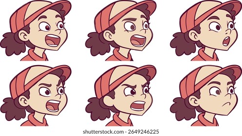Uma coleção de seis fotos de uma jovem usando um boné de beisebol vermelho e bege, exibindo uma gama de emoções de surpresa e emoção à raiva e confusão.