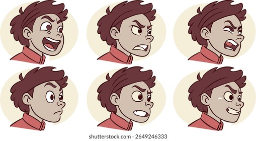 Uma coleção de seis fotos de desenhos animados de um menino mostrando uma gama de emoções, incluindo emoção, raiva, frustração, confusão, 
