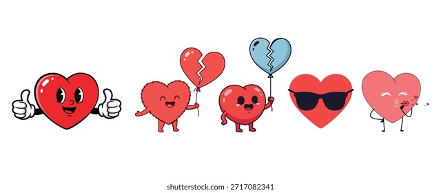 Una colección de seis corazones de dibujos animados con diferentes personalidades y adornos sobre un fondo blanco