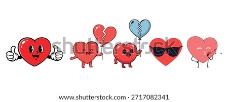 A collection of six cartoon hearts with different personalities and adornments on a white background