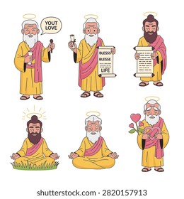 Collection of six cartoon illustrations featuring a bearded wise man or saint in yellow and pink robes with a halo, shown meditating, holding scrolls, and heart shapes.