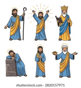 Collection of six cartoon illustrations showing Jesus Christ in various biblical roles: shepherd, praying, king with crown, sleeping, and performing miracles, isolated on white background.