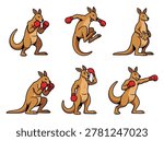 Collection of six cartoon kangaroo illustrations in various boxing poses, wearing red boxing gloves.