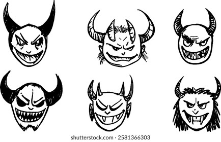 A collection of six cartoonish devil or demon faces, each with unique expressions and horn styles. The designs feature exaggerated features like sharp teeth and menacing grins