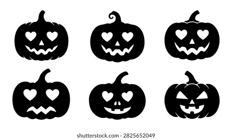 A collection of six carved pumpkins with different spooky and playful facial expressions, perfect for Halloween decorations and themed celebrations.