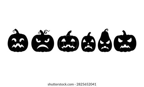 A collection of six carved pumpkins with diverse spooky and funny faces, perfect for Halloween decorations and festive celebrations.