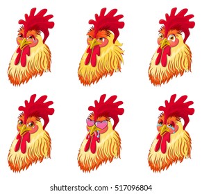 A collection of six characters rooster on white background. Six variants of the emotion of the cock. Vector illustration.