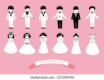 Collection of six children and six girls wearing First Communion clothes