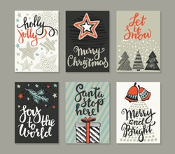 Collection Of Six Christmas Cards. Greeting Card Set With Hand Drawn Xmas Tree, Presents, Stars, Bells. Includes Holiday Handwritten Lettering. Posters Set. Colorful Vector Illustration.