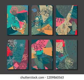 Collection of six Christmas cards. Greeting card set with hand drawn tree, presents, deer, florals, abstract texture elements. Posters set. Colorful vector illustration