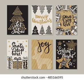 Collection of six Christmas cards. Greeting card set with hand drawn xmas tree, presents, stars, deer. Includes holiday handwritten lettering. Posters set. Colorful vector illustration.