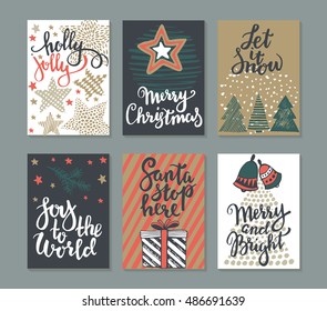 Collection of six Christmas cards. Greeting card set with hand drawn xmas tree, presents, stars, bells. Includes holiday handwritten lettering. Posters set. Colorful vector illustration.