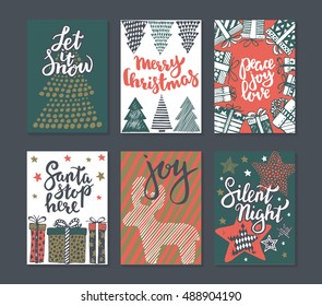 Collection of six Christmas cards. Greeting card set with hand drawn xmas tree, presents, stars, deer. Includes holiday handwritten lettering. Posters set. Colorful vector illustration.