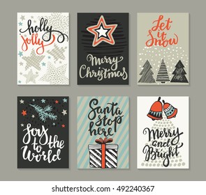 Collection of six Christmas cards. Greeting card set with hand drawn xmas tree, presents, stars, bells. Includes holiday handwritten lettering. Posters set. Colorful vector illustration.