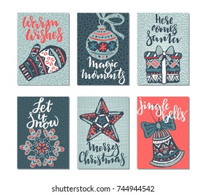 Collection of six Christmas cards. Greeting card set with hand drawn xmas tree, presents, stars, bells. Includes holiday handwritten lettering. Posters set. Colorful vector illustration.