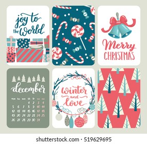 Collection of six Christmas and New Year cute ready-to-use gift cards. Set of 6 printable hand drawn holiday label in red, blue and white. Vector seasonal badge design.