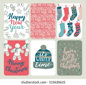 Collection of six Christmas and New Year cute ready-to-use gift cards. Set of 6 printable hand drawn holiday label in red, blue and white. Vector seasonal badge design.