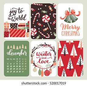 Collection of six Christmas and New Year cute ready-to-use gift cards. Set of 6 printable hand drawn holiday label in red, green and white. Vector seasonal badge design.