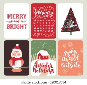 Collection of six Christmas and New Year cute ready-to-use gift cards. Set of 6 printable hand drawn holiday label in red, green and white. Vector seasonal badge design.
