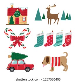 Collection of six Christmas vector illustrations: A house with ornaments, a reindeer, two candy canes, four colored socks, a car carrying a fir and a cute doggy.