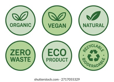 Uma coleção de seis crachás circulares que representam certificações ecológicas, incluindo ecoprodutos orgânicos veganos com zero resíduos naturais e símbolos recicláveis