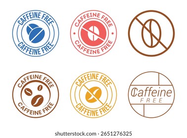 Coleção de seis etiquetas circulares do produto sem cafeína com ícones do grão de café