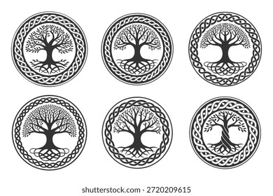 Collection of six circular Celtic knot tree of life illustrations in black and white.