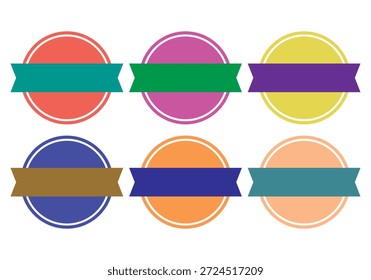 Coleção de seis crachás circulares coloridos com fitas em branco para texto