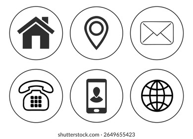 A collection of six circular icons arranged in two rows of three. Each icon features a black silhouette of a common contact or communication symbol within a thin black circle. The symbols include a ho