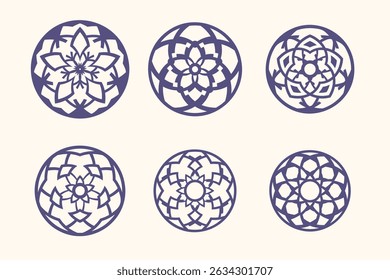 Uma coleção de seis padrões de mandala circulares isolados em um fundo branco. Estes desenhos geométricos apresentam elementos florais e abstratos, perfeitos para aplicações decorativas ou espirituais