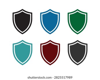 Collection of six clean shield outline icons in different color variations, designed to represent security, protection, privacy, safety, defense, and digital trust. Minimal flat vector symbols suitable for cybersecurity, technology, authentication, and security-related designs.