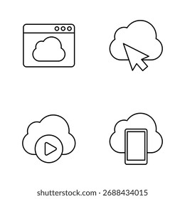Colección Video de seis íconos de la nube para el navegador, el cursor, la Descarga y el móvil.