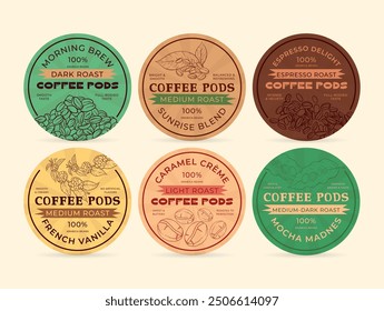 Collection of six coffee pod labels, each highlighting various roast levels and flavors such as morning brew, espresso delight, and caramel cr me in a neat arrangement.