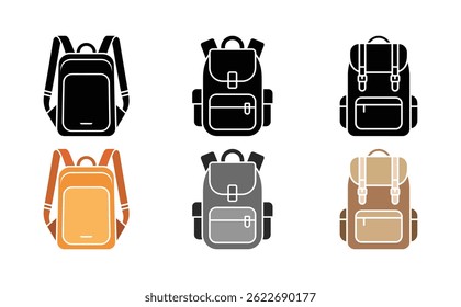 Collection of six colorful backpacks shown in illustration design. School and camping design with different colors isolated on white background.