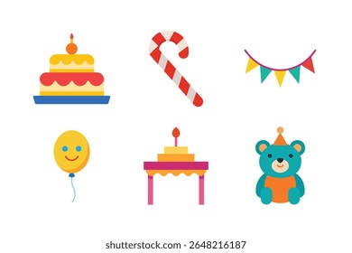 A collection of six colorful birthday party icons, including cakes, a candy cane, a garland, a balloon, and a teddy bear.