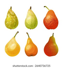 A collection of six colorful cartoon-style pears in various shades of green, yellow, and red. Perfect for food packaging, nutrition design, educational materials, or healthy lifestyle concepts.