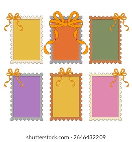 Uma coleção de seis quadros coloridos e decorativos em estilo de selo postal.
