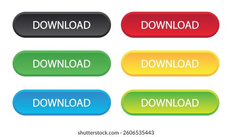 A collection of six colorful download buttons in black, red, green, yellow, and blue. Ideal for UI UX design, web development, software applications, and online platforms. Simple and modern design.