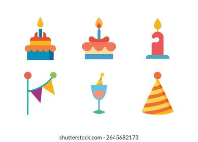 A collection of six colorful, flat design icons representing birthday celebrations, including cake, candles, a banner, and a party hat.