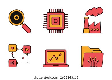 Una colección de seis iconos vectoriales planos y coloridos que representan varios aspectos de la tecnología, el flujo de datos y la industria.
