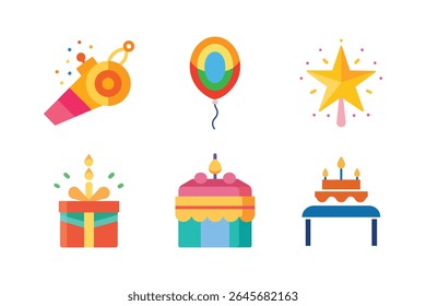 A collection of six colorful, flat-style icons representing birthday party elements like a whistle, balloon, star, gift, and two cakes.