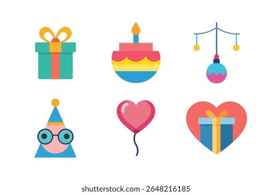 A collection of six colorful, flat-style icons representing birthday celebrations, including gifts, cake, party hat, and a heart-shaped balloon.