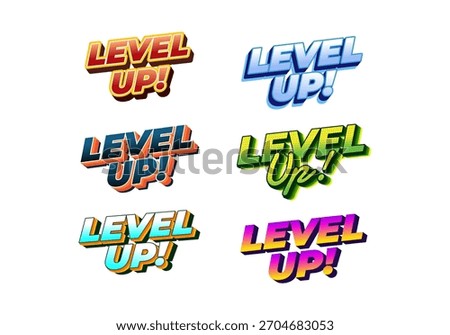 A collection of six colorful Level Up! text designs in various styles and fonts, showcasing vibrant colors and dynamic typography.
