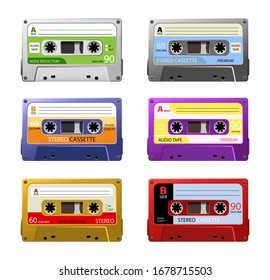 Colección de seis cintas de audio de plástico de color. Conjunto de cintas de música en color diferentes. Conjunto de cintas de audio retro, estilo de arte pop.Imagen vectorial.