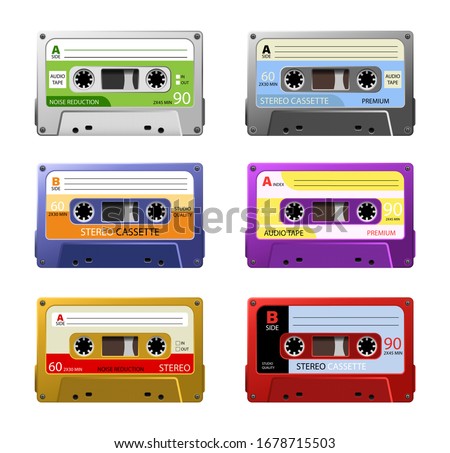 Collection of six colorful plastic audio cassette tape. Set of different color music tapes. Set of retro audio cassettes, pop art style. Vector image.