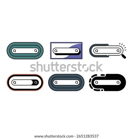 Collection of six colorful search bar icons modern flat design web UI UX elements vibrant playful mood