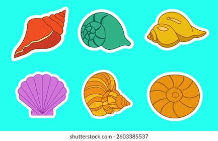 Collection of six colorful seashell stickers isolated on a light green background These are perfect for summer themed crafts or decorations.